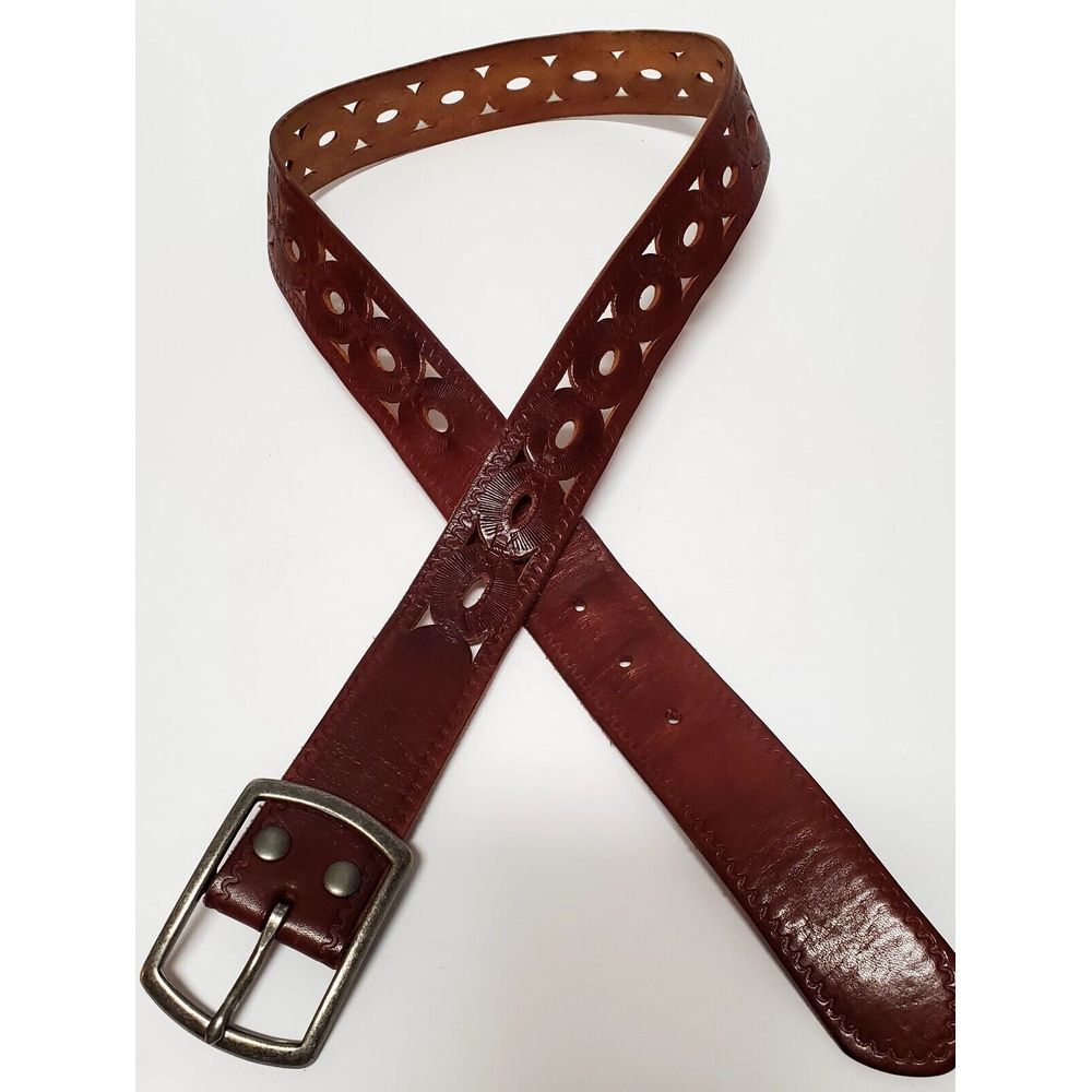 Lucky Brand Belt S Cognac Leather Pierced Tooled Leather Cowgirl Pewter Buckle - Picture 2 of 8